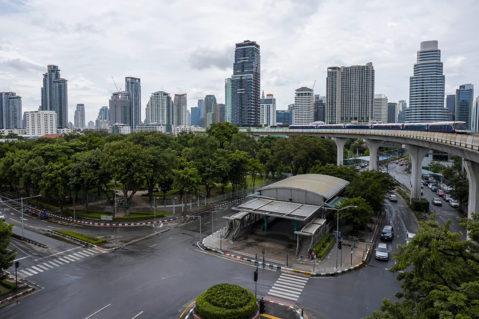Bangkok interchange district beneath a cloudy morning sky