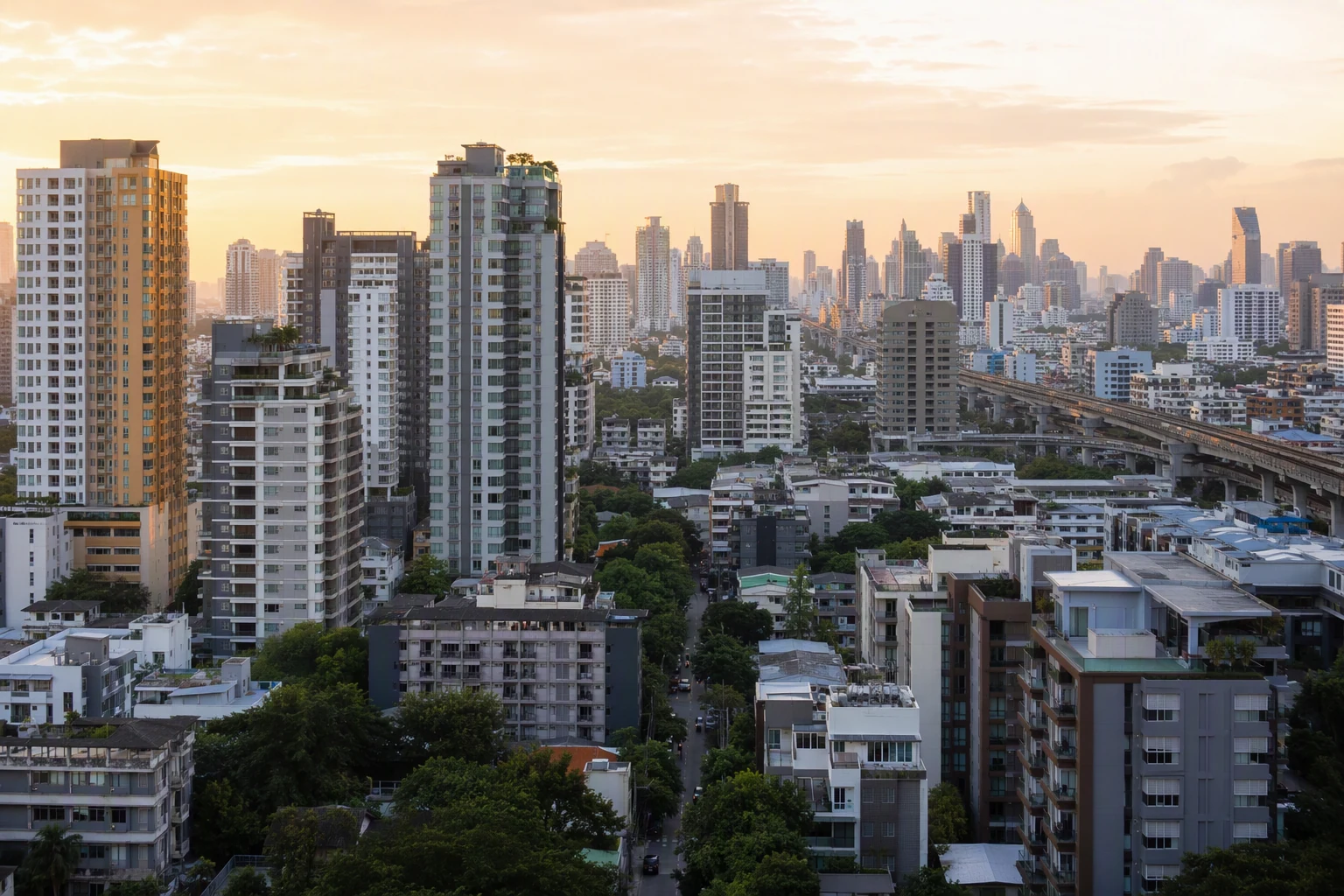 elevated editorial view across central Bangkok at first light