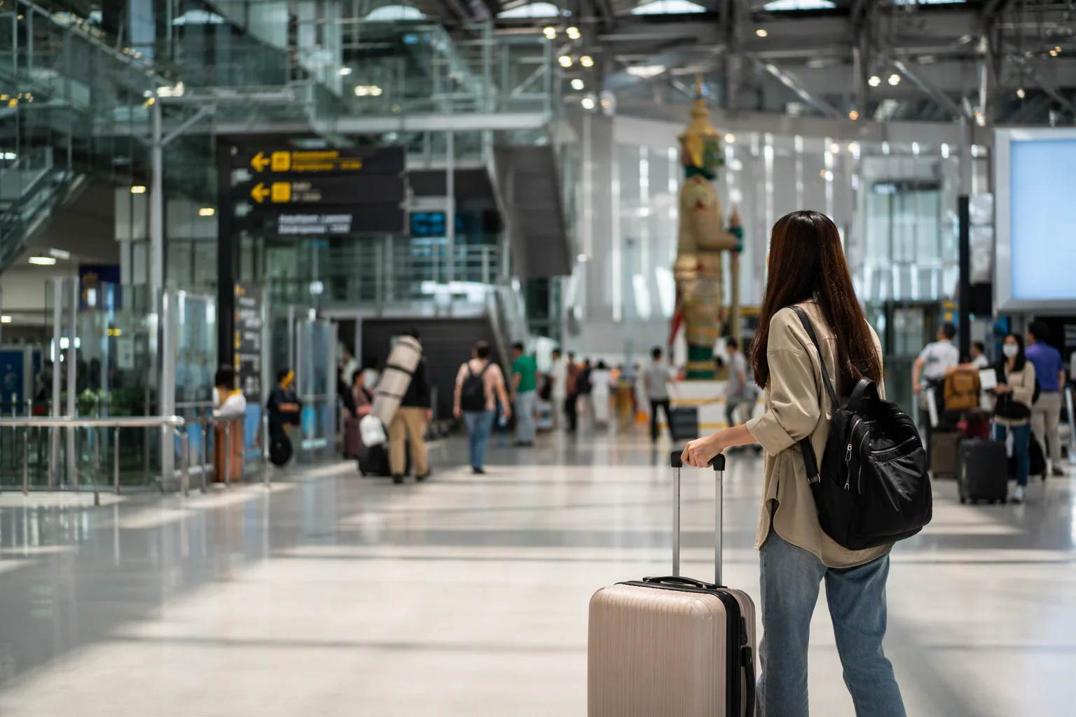 a spacious modern Thai international airport terminal with travelers in the distance